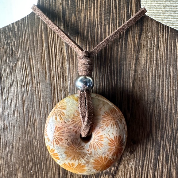 Jewelry - Light Yellow Coral Fossil Donut Pendant Necklace on Brown Faux Suede